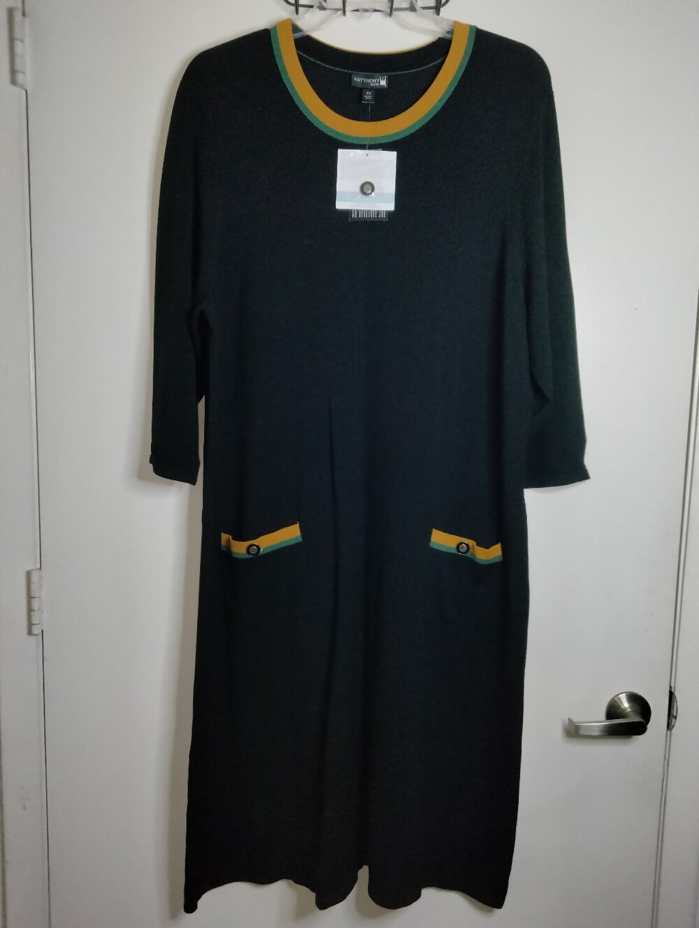 Antthony (Size 2X) Black Stretch Midi Dress with Green & Yellow Trim (NEW-NWT)